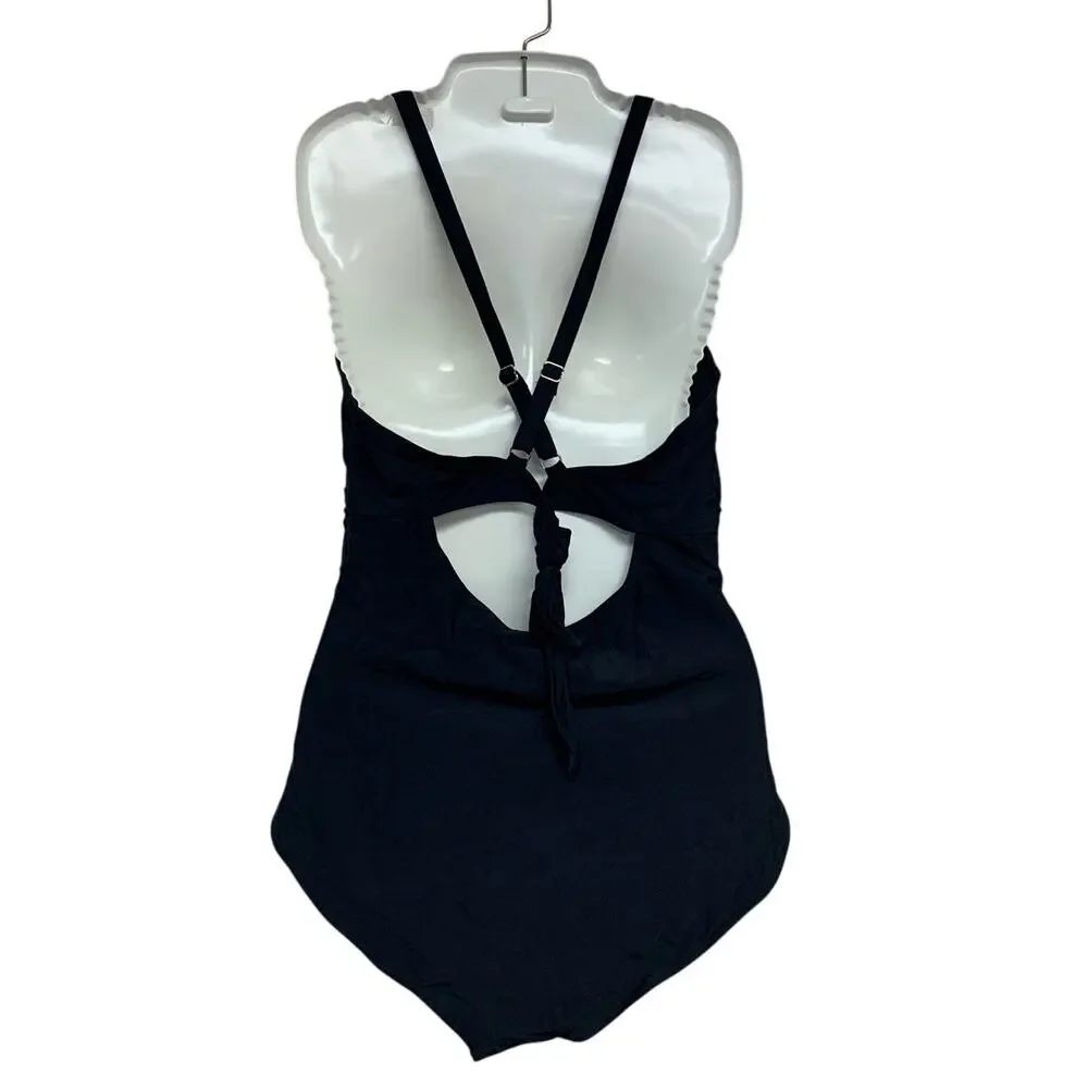 Womens Medium Black Keyhole Thin Strap Back Tie Padded One Piece Swimsuit